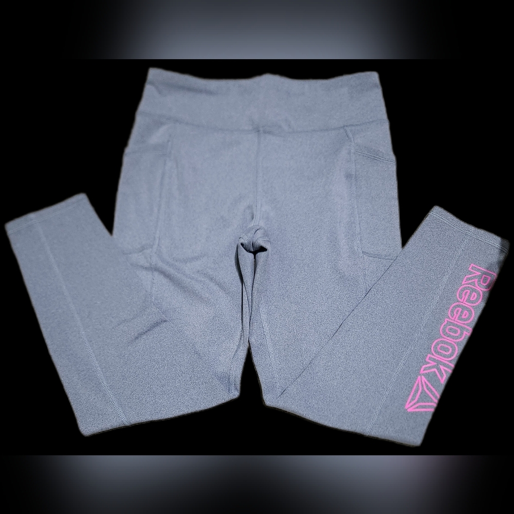 Reebok Girls' Light Gray Leggings with Pink Logo